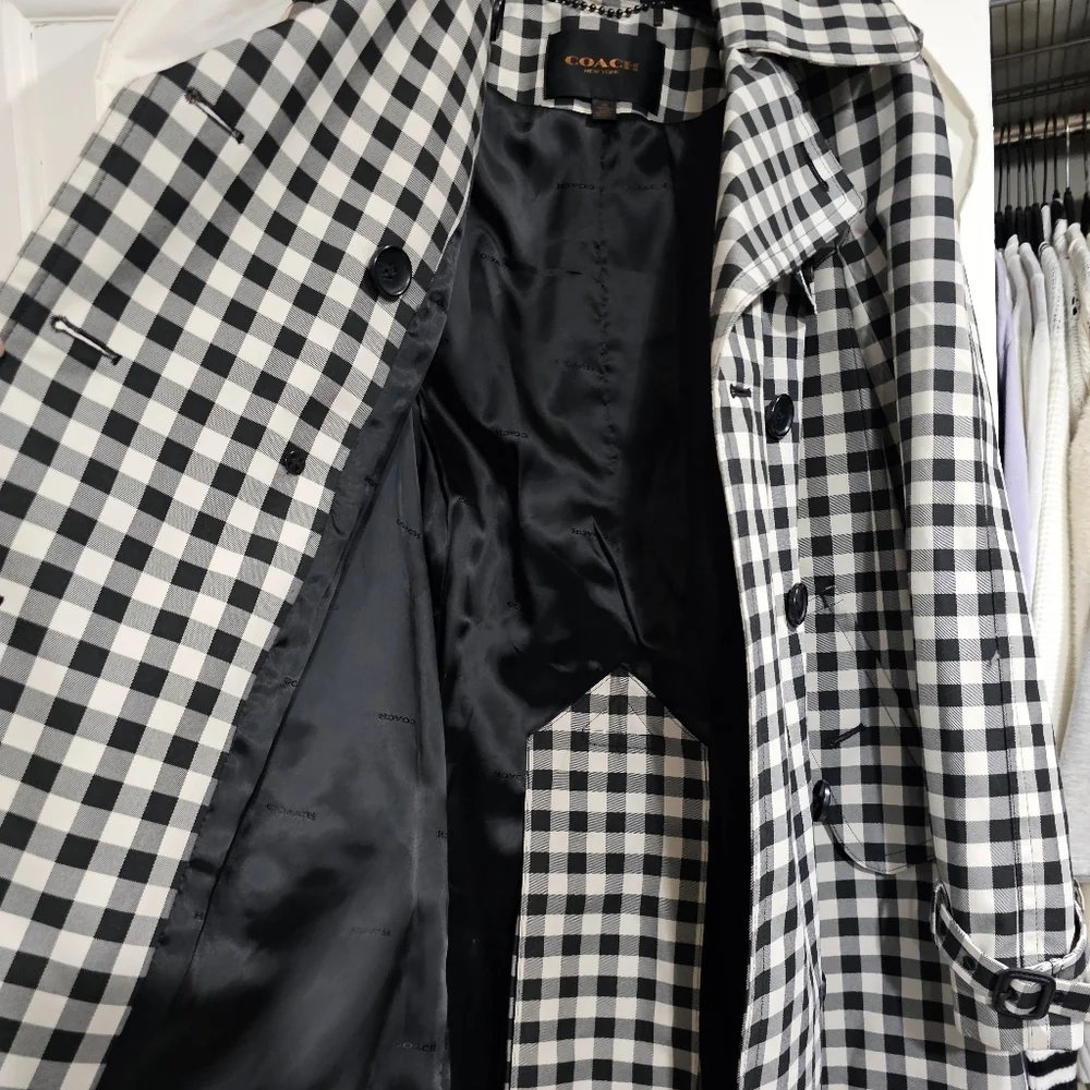 Coach Check Trench Coat Black White Gingham Checkered Rain Coat Double Breasted - Picture 3 of 12